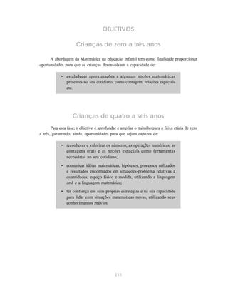 OBJETIVOS

                      Crianças de zero a três anos

      A abordagem da Matemática na educação infantil tem como finalidade proporcionar
oportunidades para que as crianças desenvolvam a capacidade de:

             • estabelecer aproximações a algumas noções matemáticas
               presentes no seu cotidiano, como contagem, relações espaciais
               etc.




                   Crianças de quatro a seis anos
       Para esta fase, o objetivo é aprofundar e ampliar o trabalho para a faixa etária de zero
a três, garantindo, ainda, oportunidades para que sejam capazes de:

             • reconhecer e valorizar os números, as operações numéricas, as
               contagens orais e as noções espaciais como ferramentas
               necessárias no seu cotidiano;

             • comunicar idéias matemáticas, hipóteses, processos utilizados
               e resultados encontrados em situações-problema relativas a
               quantidades, espaço físico e medida, utilizando a linguagem
               oral e a linguagem matemática;

             • ter confiança em suas próprias estratégias e na sua capacidade
               para lidar com situações matemáticas novas, utilizando seus
               conhecimentos prévios.




                                             215
 