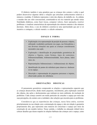 O dinheiro também é uma grandeza que as crianças têm contato e sobre a qual
podem desenvolver algumas idéias e relações que articulam conhecimentos relativos a
números e medidas. O dinheiro representa o valor dos objetos, do trabalho etc. As cédulas
e moedas têm um valor convencional, constituindo-se em rico material que atende várias
finalidades didáticas, como fazer trocas, comparar valores, fazer operações, resolver
problemas e visualizar características da representação dos números naturais e dos números
decimais. Além disso, o uso do dinheiro constitui-se uma oportunidade que por si só
incentiva a contagem, o cálculo mental e o cálculo estimativo.



                                ESPAÇO E FORMA

            • Explicitação e/ou representação da posição de pessoas e objetos,
              utilizando vocabulário pertinente nos jogos, nas brincadeiras e
              nas diversas situações nas quais as crianças considerarem
              necessário essa ação.
            • Exploração e identificação de propriedades geométricas de
              objetos e figuras, como formas, tipos de contornos,
              bidimensionalidade, tridimensionalidade, faces planas, lados
              retos etc.

            • Representações bidimensionais e tridimensionais de objetos.

            • Identificação de pontos de referência para situar-se e deslocar-
              se no espaço.

            • Descrição e representação de pequenos percursos e trajetos,
              observando pontos de referência.



                          ORIENTAÇÕES            DIDÁTICAS

       O pensamento geométrico compreende as relações e representações espaciais que
as crianças desenvolvem, desde muito pequenas, inicialmente, pela exploração sensorial
dos objetos, das ações e deslocamentos que realizam no meio ambiente, da resolução de
problemas. Cada criança constrói um modo particular de conceber o espaço por meio das
suas percepções, do contato com a realidade e das soluções que encontra para os problemas.
       Considera-se que as experiências das crianças, nessa faixa etária, ocorrem
prioritariamente na sua relação com a estruturação do espaço e não em relação à geometria
propriamente dita, que representa uma maneira de conceituar o espaço por meio da
construção de um modelo teórico. Nesse sentido, o trabalho na educação infantil deve
colocar desafios que dizem respeito às relações habituais das crianças com o espaço, como


                                           229
 