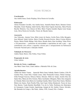 FICHA TÉCNICA

Coordenação
Ana Amélia Inoue, Gisela Wajskop, Silvia Pereira de Carvalho.

Elaboração
Aloma Fernandes Carvalho, Ana Amélia Inoue, Anamélia Bueno Buoro, Damares Gomes
Maranhão, Gisela Wajskop, Izabel Galvão, Maria Paula Vignola Zurawisky, Maria Priscila
Bacellar Monteiro, Teca Alencar de Brito, Maria Virgínia Gastaldi, Regina Lúcia Scarpa
Leite, Silvia Pereira de Carvalho, Vinicio de Macedo Santos.

Assessoria
Ana Teberosky, Antonia Terra, Délia Lerner de Zunino, Cecília Parra, Gilles Brougère,
Jean Hébrard, Izabel Galvão, Maria Clotilde Rossetti-Ferreira, Maria Cristina Ribeiro
Pereira, Marisa Pelella Mélega, Nelio Bizzo, Ricardo Brein, Rosa Iavelberg, Telma Weisz
e 230 pareceristas — professores de universidades e especialistas de todo o país — que
contribuíram com críticas e sugestões valiosas para o enriquecimento do Referencial
Curricular Nacional para a Educação Infantil.

Tabulação de Pareceres
Andréa Bueno Buoro, Eike Frehse, Fraya Frehse.

Preparação do texto
Lilian Jenkino

Revisão de Texto e copidesque
Ana Maria Viana Freire, Lilian Jenkino e Maristela Félix de Lima.

Agradecimentos
Andréa dos Santos Vianna, Aparecida Maria Gama Andrade, Beatriz Cardoso, Célia M.
Carolino Pires, Cisele Ortiz, Claudia Lemos, Edna Thomazella Cartaxo, Fátima Camargo,
Gilda Portugal Gouveia, Heloysa Dantas, Hércules Abrão de Araújo, Joselita Dias dos
Santos Reis, Márcia da Silva Ferreira, Maria Auxiliadora Albergaria, Maria Alice Junqueira
de Almeida, Maria Lúcia Barros de Azambuja Guardia, Maria Tereza Perez Soares, Marilene
Ribeiro dos Santos, Paulo Portella Filho, Saul Cypel, Sirlene Bendazzoli, Tereza de Jesus
Nery Barreto, Vanda Bartalini Baruffaldi, Yves de La Taille, Prefeituras dos Municípios
de Araraquara, Campo Grande, Itapetininga, Jaraguá do Sul, Jundiaí, Osasco, Salvador,
São Bernardo do Campo e São Paulo, Asbrac, CNE, Consed, Efei e Undime.




                                           269
 