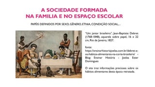A SOCIEDADE FORMADA
NA FAMILIA E NO ESPAÇO ESCOLAR
PAPÉIS DEFINIDOS POR SEXO, GÊNERO, ETNIA, CONDIÇÃO SOCIAL,...
“Um jantar brasileiro”, Jean-Baptiste Debret
(1768-1848), aquarela sobre papel, 16 x 22
cm, Rio de Janeiro, 1827.
fonte:
https://ensinarhistoriajoelza.com.br/debret-e-
os-habitos-alimentares-na-corte-brasileira/ -
Blog: Ensinar História - Joelza Ester
Domingues
O site traz informações preciosas sobre os
hábitos alimentares desta época retratada.
 