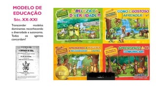 Séc. XX-XXI
MODELO DE
EDUCAÇÃO
Transcender modelos
dominantes reconhecendo
a diversidade e autonomia.
Todos os agentes
concordam?
 