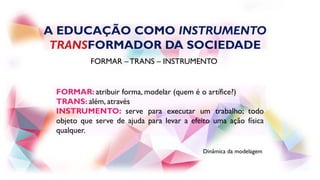 FORMAR: atribuir forma, modelar (quem é o artífice?)
TRANS: além, através
INSTRUMENTO: serve para executar um trabalho; todo
objeto que serve de ajuda para levar a efeito uma ação física
qualquer.
FORMAR – TRANS – INSTRUMENTO
A EDUCAÇÃO COMO INSTRUMENTO
TRANSFORMADOR DA SOCIEDADE
Dinâmica da modelagem
 