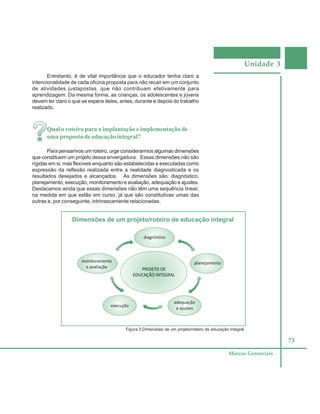 Unidade 3
73
Marcos Gerenciais
Entretanto, é de vital importância que o educador tenha claro a
intencionalidade de cada oficina proposta para não recair em um conjunto
de atividades justapostas, que não contribuam efetivamente para
aprendizagem. Da mesma forma, as crianças, os adolescentes e jovens
devem ter claro o que se espera deles, antes, durante e depois do trabalho
realizado.
Qual o roteiro para a implantação e implementação de
uma proposta de educação integral?
Para pensarmos um roteiro, urge considerarmos algumas dimensões
que constituem um projeto dessa envergadura. Essas dimensões não são
rígidas em si, mas flexíveis enquanto são estabelecidas e executadas como
expressão da reflexão realizada entre a realidade diagnosticada e os
resultados desejados e alcançados. As dimensões são: diagnóstico,
planejamento, execução, monitoramento e avaliação, adequação e ajustes.
Destacamos ainda que essas dimensões não têm uma sequência linear,
na medida em que estão em curso, já que são constitutivas umas das
outras e, por conseguinte, intrinsecamente relacionadas.
Figura 5:Dimensões de um projeto/roteiro de educação integral
Dimensões de um projeto/roteiro de educação integral
 