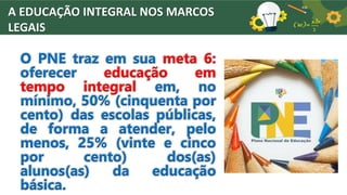 A EDUCAÇÃO INTEGRAL NOS MARCOS
LEGAIS
O PNE traz em sua meta 6:
oferecer educação em
tempo integral em, no
mínimo, 50% (cinquenta por
cento) das escolas públicas,
de forma a atender, pelo
menos, 25% (vinte e cinco
por cento) dos(as)
alunos(as) da educação
básica.
 