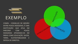 EDUCAÇÃO
INTERCULTURALIDADE
I
N
S
T
I
T
U
I
Ç
Ã
O
EXEMPLO
COMIN - CONSELHO DE MISSÃO
ENTRE POVOS INDÍGENAS, É UMA
INSTITUIÇÃO QUE ATUA EM
PARCERIA COM POVOS
INDIGENAS APOIANDO-OS EM
ÁREAS COMO EDUCAÇÃO, SAÚDE,
TERRA, SUSTENTABILIDADE E
DEFESA DE DIREITOS.
 