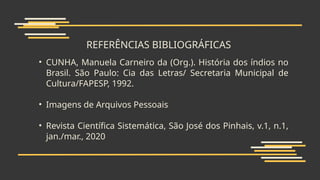 REFERÊNCIAS BIBLIOGRÁFICAS
• CUNHA, Manuela Carneiro da (Org.). História dos índios no
Brasil. São Paulo: Cia das Letras/ Secretaria Municipal de
Cultura/FAPESP, 1992.
• Imagens de Arquivos Pessoais
• Revista Científica Sistemática, São José dos Pinhais, v.1, n.1,
jan./mar., 2020
 