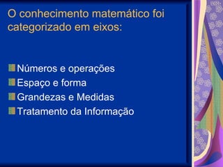 O conhecimento matemático foi categorizado em eixos: Números e operações Espaço e forma Grandezas e Medidas Tratamento da Informação 