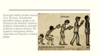 A escola média recebia alunos de 
12 a 16 anos. Estudavam 
gramática latina, grega e os 
clássicos de Homero, retórica, 
oratória, matemática, estudos 
jurídicos e pouca musica. No 
superior ensinavam direito 
inspirado na Filosofia e retórica 
grega. 
 