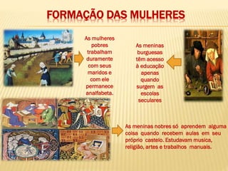 FORMAÇÃO DAS MULHERES
As meninas nobres só aprendem alguma
coisa quando recebem aulas em seu
próprio castelo. Estudavam musica,
religião, artes e trabalhos manuais.
As mulheres
pobres
trabalham
duramente
com seus
maridos e
com ele
permanece
analfabeta.
As meninas
burguesas
têm acesso
à educação
apenas
quando
surgem as
escolas
seculares
 