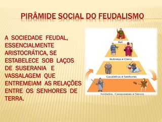 PIRÂMIDE SOCIAL DO FEUDALISMO
A SOCIEDADE FEUDAL,
ESSENCIALMENTE
ARISTOCRÁTICA, SE
ESTABELECE SOB LAÇOS
DE SUSERANIA E
VASSALAGEM QUE
ENTREMEIAM AS RELAÇÕES
ENTRE OS SENHORES DE
TERRA.
 
