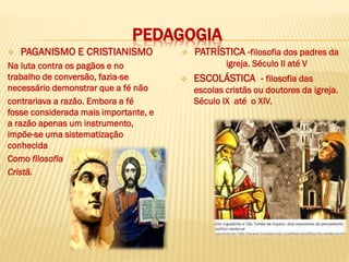 PEDAGOGIA
 PAGANISMO E CRISTIANISMO
Na luta contra os pagãos e no
trabalho de conversão, fazia-se
necessário demonstrar que a fé não
contrariava a razão. Embora a fé
fosse considerada mais importante, e
a razão apenas um instrumento,
impõe-se uma sistematização
conhecida
Como filosofia
Cristã.
 PATRÍSTICA -filosofia dos padres da
igreja. Século II até V
 ESCOLÁSTICA - filosofia das
escolas cristãs ou doutores da igreja.
Século IX até o XIV.
 