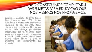 NÃO CONSEGUIMOS COMPLETAR 4
DAS 5 METAS PARA EDUCAÇÃO QUE
NÓS MESMOS NOS PROPUSEMOS.
• Durante a fundação da ONG Todos
Pela Educação, em 2006, foram
estipuladas 5 metas para melhorar a
educação do país até 2022: toda
criança e jovem entre 4 a 17 anos na
escola, toda criança plenamente
alfabetizada até os 8 anos, todo
aluno com aprendizado adequado
ao seu ano, todo jovem concluindo o
ensino médio até os 19 anos e
ampliação do investimento na
educação.
 