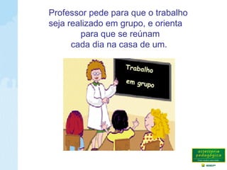 Professor pede para que o trabalho
seja realizado em grupo, e orienta
para que se reúnam
cada dia na casa de um.
 