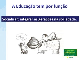 A Educação tem por função
Socializar: integrar as gerações na sociedade.
 