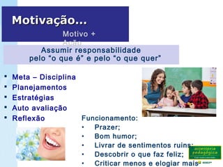 Assumir responsabilidade
pelo “o que é” e pelo “o que quer”
Motivação...Motivação...
Funcionamento:
• Prazer;
• Bom humor;
• Livrar de sentimentos ruins;
• Descobrir o que faz feliz;
• Criticar menos e elogiar mais
 Meta – Disciplina
 Planejamentos
 Estratégias
 Auto avaliação
 Reflexão
Motivo +
Ação
 