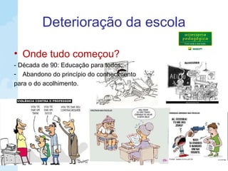 Deterioração da escola
• Onde tudo começou?
- Década de 90: Educação para todos;
- Abandono do princípio do conhecimento
para o do acolhimento.
 