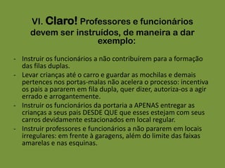 V. Elaboração de cartas/documentosTrabalhar com as turmas cartas ao prefeito ou à Câmara dos Vereadores sugerindo quaisquer medidas que, na visão dos alunos, contribuam para um melhor trânsito na cidade.Por exemplo: como incentivo ao uso de bicicletas, solicitar que garanta-se a instalação de postos, pela cidade, para guardá-las com segurança.Os alunos também podem organizar um abaixo-assinado, trabalhar no recolhimento de assinaturas, e enviar às autoridades competentes. Pode ser um abaixo-assinado virtual! Assim, os alunos podem explorar a divulgação da idéia através das redes sociais. 
