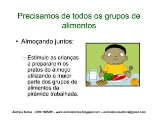 Precisamos de todos os grupos de
              alimentos
  • Almoçando juntos:

       – Estimule as crianças
         a prepararem os
         pratos do almoço
         utilizando a maior
         parte dos grupos de
         alimentos da
         pirâmide trabalhada.


Andreia Torres - CRN 1685/DF – www.andreiatorres.blogspot.com – andreiatconsultoria@gmail.com
 