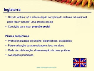 Inglaterra www.thiagopeixoto.com.br David Hopkins: só a reformulação completa do sistema educacional pode fazer “nascer” uma grande escola Condição para isso:  pressão social Pilares da Reforma Profissionalização do Ensino: diagnósticos, estratégias Personalização da aprendizagem: foco no aluno Rede de colaboração: disseminação de boas práticas Avaliações periódicas 