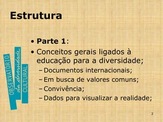 Estrutura Parte 1 : Conceitos gerais ligados à educação para a diversidade; Documentos internacionais; Em busca de valores comuns; Convivência; Dados para visualizar a realidade; 