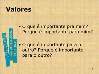 Valores O que é importante pra mim? Porque é importante para mim? O que é importante para o outro? Porque é importante para o outro? 