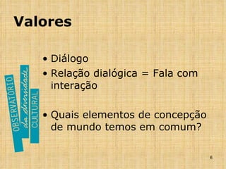 Valores Diálogo Relação dialógica = Fala com interação Quais elementos de concepção de mundo temos em comum? 