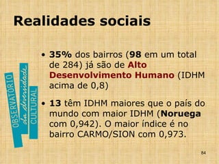 Realidades sociais 35%  dos bairros ( 98  em um total de 284) já são de  Alto Desenvolvimento Humano  (IDHM acima de 0,8) 13  têm IDHM maiores que o país do mundo com maior IDHM ( Noruega  com 0,942). O maior índice é no bairro CARMO/SION com 0,973. 