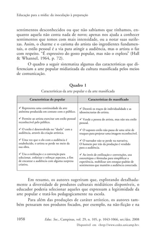 Educação para a mídia: da inoculação à preparação



sentimentos desconhecidos ou que não sabíamos que tínhamos, en-
quanto aquela não conta nada de novo; apenas nos ajuda a conhecer
sentimentos que temos com mais intensidade, ou a notar suas sutile-
zas. Assim, o charme e o carisma do artista são ingredientes fundamen-
tais, o estilo pessoal é a via para atingir a audiência, mas o artista o faz
com respeito. “É expressivo do gosto popular, mas não o explora” (Hall
& Whannel, 1964, p. 72).
        O quadro a seguir sistematiza algumas das características que di-
ferenciam a arte popular midiatizada da cultura massificada pelos meios
de comunicação.

                                             Quadro 1
                    Características da arte popular e da arte massificada

          Características do popular                         Características do massificado

   Representa uma continuidade da arte                   Destrói os traços de individualidade e as
 anônima produzida em contato com o público.          idiossincrasias do artista.

    Permite ao artista exercitar um estilo pessoal      Vende a pessoa do artista, mas não seu estilo
 reconhecível pelo público.                           pessoal.

   O estilo é desenvolvido no “duelo” com a              O suposto estilo não passa de uma série de
 audiência, através da criação artística.             truques para projetar uma imagem reconhecível.

    Uma vez que o elo com a audiência é                 O narrador não se perde na narrativa.
 estabelecido, o artista se perde no meio da          O homem por trás da produção é vendido
 sua obra.                                            para a audiência.

    Usa a estilização e a convenção para                 Ao invés de estilização e convenções, usa
 selecionar, enfatizar e reforçar aspectos, a fim     estereótipos e fórmulas para simplificar a
 de encantar a audiência com alguma surpresa          experiência, mobilizar um estoque-padrão de
 criativa.                                            sentimentos que mantêm a audiência conectada.



       Em resumo, os autores sugeriram que, explorando detalhada-
mente a diversidade de produtos culturais midiáticos disponíveis, o
educador poderia selecionar aqueles que expressam a legitimidade da
arte popular e tratá-los pedagogicamente na escola.
       Para além das produções de caráter artístico, os autores tam-
bém pensaram nos produtos focados, por exemplo, na não-ficção e na


1058                   Educ. Soc., Campinas, vol. 29, n. 105, p. 1043-1066, set./dez. 2008
                                                     Disponível em <http://www.cedes.unicamp.br>
 