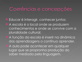 Educar é interagir, conhecer juntos; A escola é o local onde se produzem conhecimentos e onde se convive com a pluralidade cultural; A função da escola é inserir na dinâmica das aprendizagens o contínuo aprender. A aula pode acontecer em qualquer lugar que se propronha produção do saber mediada pela linguagem. 