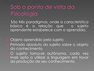 São três paradigmas, onde a característica básica é a relação que  o sujeito aprendente estabelece com o aprendido.  Objeto aprendido pelo sujeito Primado absoluto do sujeito sobre o objeto do conhecimento O sujeito torna-se autônomo, cada vez mais apto a utilizar a linguagem em favor da produção de seu conhecimento. 