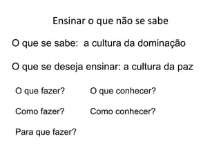 Ensinarexigeconvição de que a mudança é possívelO mundonão é o mundoestásendo.Meupapel no mundonão é só de quemconstata o queocorre, mastambém de quemintervémcomosujeito de ocorrências.Somosprogramadosparaaprender, ondequerquehajamulheres e homenshásempre o quefazer, hásempre o queensinar, hásempre o queaprender.Evocamosassimnossavocaçãohumanapara ser mais