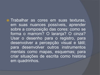  Trabalhar as cores em suas texturas,
em suas nuances possíveis, aprender
sobre a composição das cores: como se
forma o marrom? O laranja? O cinza?
Usar o desenho para o registro, para
desenvolver a percepção visual e tátil;
para desenvolver outros instrumentos
mentais como mapas, esquemas; para
criar situações de escrita como história
em quadrinhos.
 