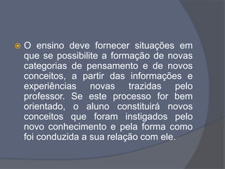  O ensino deve fornecer situações em
que se possibilite a formação de novas
categorias de pensamento e de novos
conceitos, a partir das informações e
experiências novas trazidas pelo
professor. Se este processo for bem
orientado, o aluno constituirá novos
conceitos que foram instigados pelo
novo conhecimento e pela forma como
foi conduzida a sua relação com ele.
 