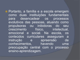  Portanto, a família e a escola emergem
como duas instituições fundamentais
para desencadear os processos
evolutivos das pessoas, atuando como
propulsoras ou inibidoras do seu
crescimento físico, intelectual,
emocional e social. Na escola, os
conteúdos curriculares asseguram a
instrução e apreensão de
conhecimentos, havendo uma
preocupação central com o processo
ensino-aprendizagem.
 