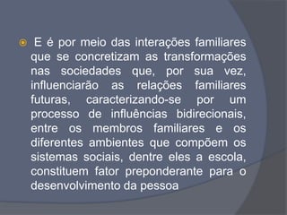 E é por meio das interações familiares
que se concretizam as transformações
nas sociedades que, por sua vez,
influenciarão as relações familiares
futuras, caracterizando-se por um
processo de influências bidirecionais,
entre os membros familiares e os
diferentes ambientes que compõem os
sistemas sociais, dentre eles a escola,
constituem fator preponderante para o
desenvolvimento da pessoa
 