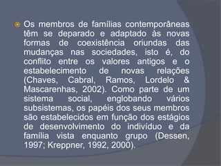  Os membros de famílias contemporâneas
têm se deparado e adaptado às novas
formas de coexistência oriundas das
mudanças nas sociedades, isto é, do
conflito entre os valores antigos e o
estabelecimento de novas relações
(Chaves, Cabral, Ramos, Lordelo &
Mascarenhas, 2002). Como parte de um
sistema social, englobando vários
subsistemas, os papéis dos seus membros
são estabelecidos em função dos estágios
de desenvolvimento do indivíduo e da
família vista enquanto grupo (Dessen,
1997; Kreppner, 1992, 2000).
 