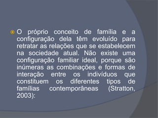  O próprio conceito de família e a
configuração dela têm evoluído para
retratar as relações que se estabelecem
na sociedade atual. Não existe uma
configuração familiar ideal, porque são
inúmeras as combinações e formas de
interação entre os indivíduos que
constituem os diferentes tipos de
famílias contemporâneas (Stratton,
2003):
 
