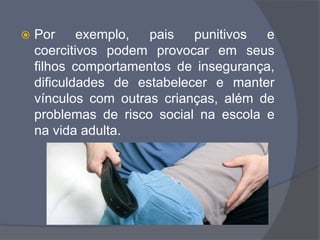  Por exemplo, pais punitivos e
coercitivos podem provocar em seus
filhos comportamentos de insegurança,
dificuldades de estabelecer e manter
vínculos com outras crianças, além de
problemas de risco social na escola e
na vida adulta.
 