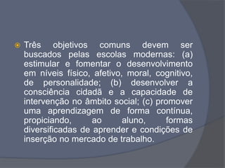  Três objetivos comuns devem ser
buscados pelas escolas modernas: (a)
estimular e fomentar o desenvolvimento
em níveis físico, afetivo, moral, cognitivo,
de personalidade; (b) desenvolver a
consciência cidadã e a capacidade de
intervenção no âmbito social; (c) promover
uma aprendizagem de forma contínua,
propiciando, ao aluno, formas
diversificadas de aprender e condições de
inserção no mercado de trabalho.
 