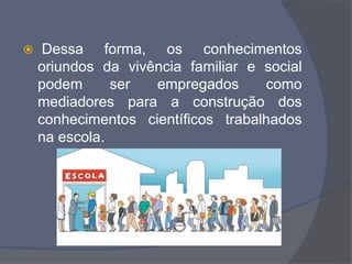  Dessa forma, os conhecimentos
oriundos da vivência familiar e social
podem ser empregados como
mediadores para a construção dos
conhecimentos científicos trabalhados
na escola.
 