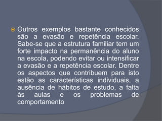  Outros exemplos bastante conhecidos
são a evasão e repetência escolar.
Sabe-se que a estrutura familiar tem um
forte impacto na permanência do aluno
na escola, podendo evitar ou intensificar
a evasão e a repetência escolar. Dentre
os aspectos que contribuem para isto
estão as características individuais, a
ausência de hábitos de estudo, a falta
às aulas e os problemas de
comportamento
 
