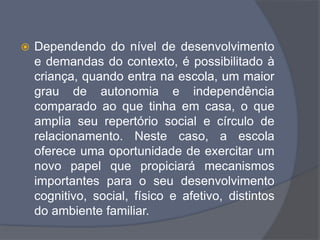  Dependendo do nível de desenvolvimento
e demandas do contexto, é possibilitado à
criança, quando entra na escola, um maior
grau de autonomia e independência
comparado ao que tinha em casa, o que
amplia seu repertório social e círculo de
relacionamento. Neste caso, a escola
oferece uma oportunidade de exercitar um
novo papel que propiciará mecanismos
importantes para o seu desenvolvimento
cognitivo, social, físico e afetivo, distintos
do ambiente familiar.
 