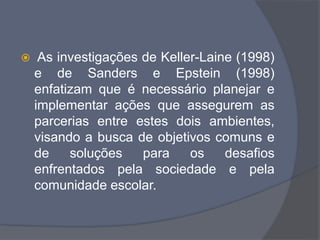  As investigações de Keller-Laine (1998)
e de Sanders e Epstein (1998)
enfatizam que é necessário planejar e
implementar ações que assegurem as
parcerias entre estes dois ambientes,
visando a busca de objetivos comuns e
de soluções para os desafios
enfrentados pela sociedade e pela
comunidade escolar.
 