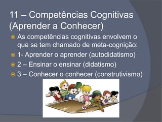11 – Competências Cognitivas
(Aprender a Conhecer)
 As competências cognitivas envolvem o
que se tem chamado de meta-cognição:
 1- Aprender o aprender (autodidatismo)
 2 – Ensinar o ensinar (didatismo)
 3 – Conhecer o conhecer (construtivismo)
 