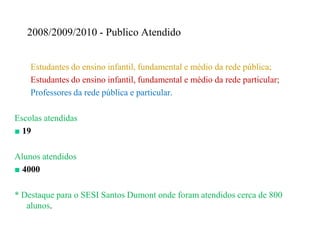 2008/2009/2010 - Publico Atendido


    Estudantes do ensino infantil, fundamental e médio da rede pública;
    Estudantes do ensino infantil, fundamental e médio da rede particular;
    Professores da rede pública e particular.

Escolas atendidas
■ 19

Alunos atendidos
■ 4000

* Destaque para o SESI Santos Dumont onde foram atendidos cerca de 800
   alunos.
 