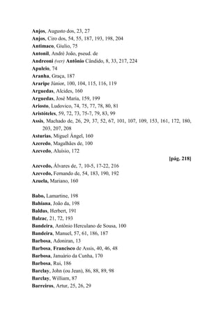 Anjos, Augusto dos, 23, 27
Anjos, Ciro dos, 54, 55, 187, 193, 198, 204
Antimaco, Giulio, 75
Antonil, André João, pseud. de
Andreoni (ver) Antônio Cândido, 8, 33, 217, 224
Apuleio, 74
Aranha, Graça, 187
Araripe Júnior, 100, 104, 115, 116, 119
Arguedas, Alcides, 160
Arguedas, José Maria, 159, 199
Ariosto, Ludovico, 74, 75, 77, 78, 80, 81
Aristóteles, 59, 72, 73, 75-7, 79, 83, 99
Assis, Machado de, 26, 29, 37, 52, 67, 101, 107, 109, 153, 161, 172, 180,
203, 207, 208
Asturias, Miguel Ángel, 160
Azeredo, Magalhães de, 100
Azevedo, Aluísio, 172
[pág. 218]
Azevedo, Álvares de, 7, 10-5, 17-22, 216
Azevedo, Fernando de, 54, 183, 190, 192
Azuela, Mariano, 160
Babo, Lamartine, 198
Bahiana, João da, 198
Baldus, Herbert, 191
Balzac, 21, 72, 193
Bandeira, Antônio Herculano de Sousa, 100
Bandeira, Manuel, 57, 61, 186, 187
Barbosa, Adoniran, 13
Barbosa, Francisco de Assis, 40, 46, 48
Barbosa, Januário da Cunha, 170
Barbosa, Rui, 186
Barclay, John (ou Jean), 86, 88, 89, 98
Barclay, William, 87
Barreiros, Artur, 25, 26, 29
 