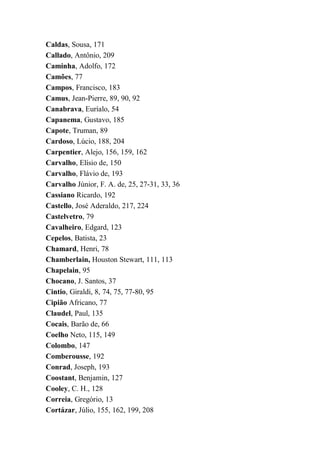 Caldas, Sousa, 171
Callado, Antônio, 209
Caminha, Adolfo, 172
Camões, 77
Campos, Francisco, 183
Camus, Jean-Pierre, 89, 90, 92
Canabrava, Euríalo, 54
Capanema, Gustavo, 185
Capote, Truman, 89
Cardoso, Lúcio, 188, 204
Carpentier, Alejo, 156, 159, 162
Carvalho, Elísio de, 150
Carvalho, Flávio de, 193
Carvalho Júnior, F. A. de, 25, 27-31, 33, 36
Cassiano Ricardo, 192
Castello, José Aderaldo, 217, 224
Castelvetro, 79
Cavalheiro, Edgard, 123
Cepelos, Batista, 23
Chamard, Henri, 78
Chamberlain, Houston Stewart, 111, 113
Chapelain, 95
Chocano, J. Santos, 37
Cintio, Giraldi, 8, 74, 75, 77-80, 95
Cipião Africano, 77
Claudel, Paul, 135
Cocais, Barão de, 66
Coelho Neto, 115, 149
Colombo, 147
Comberousse, 192
Conrad, Joseph, 193
Coostant, Benjamin, 127
Cooley, C. H., 128
Correia, Gregório, 13
Cortázar, Júlio, 155, 162, 199, 208
 