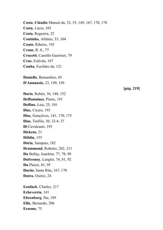 Costa, Cláudio Manuel da, 52, 53, 149, 167, 170, 178
Costa, Lúcio, 185
Costa, Regueira, 25
Coutinho, Afrânio, 33, 104
Couto, Ribeiro, 192
Crane, R. S., 77
Crocetti, Camillo Guerrieri, 79
Cruz, Estêvão, 187
Cunha, Euclides da, 121
Daniello, Bernardino, 85
D'Annunzio, 23, 149, 150
[pág. 219]
Darío, Rubén, 36, 148, 152
Deffontaines, Pierre, 191
Delfino, Luís, 25, 101
Dias, Cícero, 193
Dias, Gonçalves, 141, 170, 175
Dias, Teófilo, 30, 32-4, 37
Di Cavalcanti, 193
Dickens, 21
Döblin, 155
Dória, Sampaio, 182
Drummond, Roberto, 202, 211
Du Bellay, Joachim, 77, 78, 98
Dufresnoy, Lenglet, 74, 81, 92
Du Plaisir, 81, 95
Durão, Santa Rita, 167, 170
Dutra, Osório, 24
Eastlack, Charles, 217
Echeverría, 141
Ehrenburg, Ilia, 189
Ellis, Bernardo, 206
Erasmo, 75
 