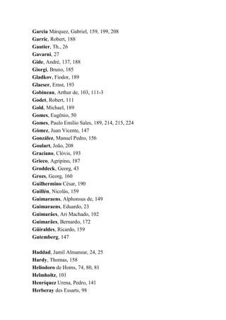 Garcia Márquez, Gabriel, 159, 199, 208
Garric, Robert, 188
Gautier, Th., 26
Gavarni, 27
Gide, André, 137, 188
Giorgi, Bruno, 185
Gladkov, Fiodor, 189
Glaeser, Ernst, 193
Gobineau, Arthur de, 103, 111-3
Godet, Robert, 111
Gold, Michael, 189
Gomes, Eugênio, 50
Gomes, Paulo Emílio Sales, 189, 214, 215, 224
Gómez, Juan Vicente, 147
González, Manuel Pedro, 156
Goulart, João, 208
Graciano, Clóvis, 193
Grieco, Agripino, 187
Groddeck, Georg, 43
Grozs, Georg, 160
Guilhermino César, 190
Guillén, Nicolás, 159
Guimaraens, Alphonsus de, 149
Guimaraens, Eduardo, 23
Guimarães, Ari Machado, 102
Guimarães, Bernardo, 172
Güiraldes, Ricardo, 159
Gutemberg, 147
Haddad, Jamil Almansur, 24, 25
Hardy, Thomas, 158
Heliodoro de Homs, 74, 80, 81
Helmholtz, 101
Henríquez Urena, Pedro, 141
Herberay des Essarts, 98
 