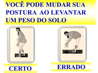 VOCÊ PODE MUDAR SUA
POSTURA AO LEVANTAR
UM PESO DO SOLO




CERTO       ERRADO
 